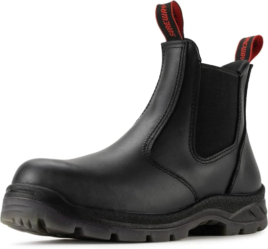 Men's Slip-On Work Boots for Men,Full Grain Leather,Anti-Static,Water/Slip Resistant,Fire Station Mechanic Industrial Construction Safety Boots/Shoes for Men 7 Soft-toe Black