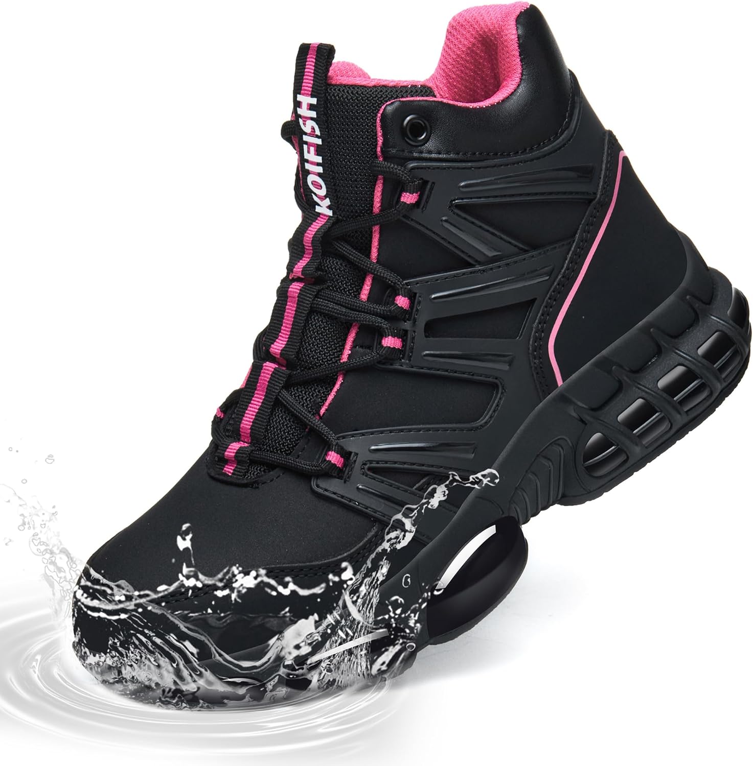 KOIFISH Waterproof Steel Toe Work Boots for Men Women Non Slip Safety Construction Boots Air Cushion 9.5 Women/8 Men Pink