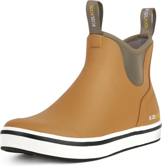 Men's Deck Boots Anti-Slip Saltwater Fishing Rain Boots with Memory Foam, Waterproof Rubber Ankle Work Boots for Sailing (Size 7-14) 10 Light Brown