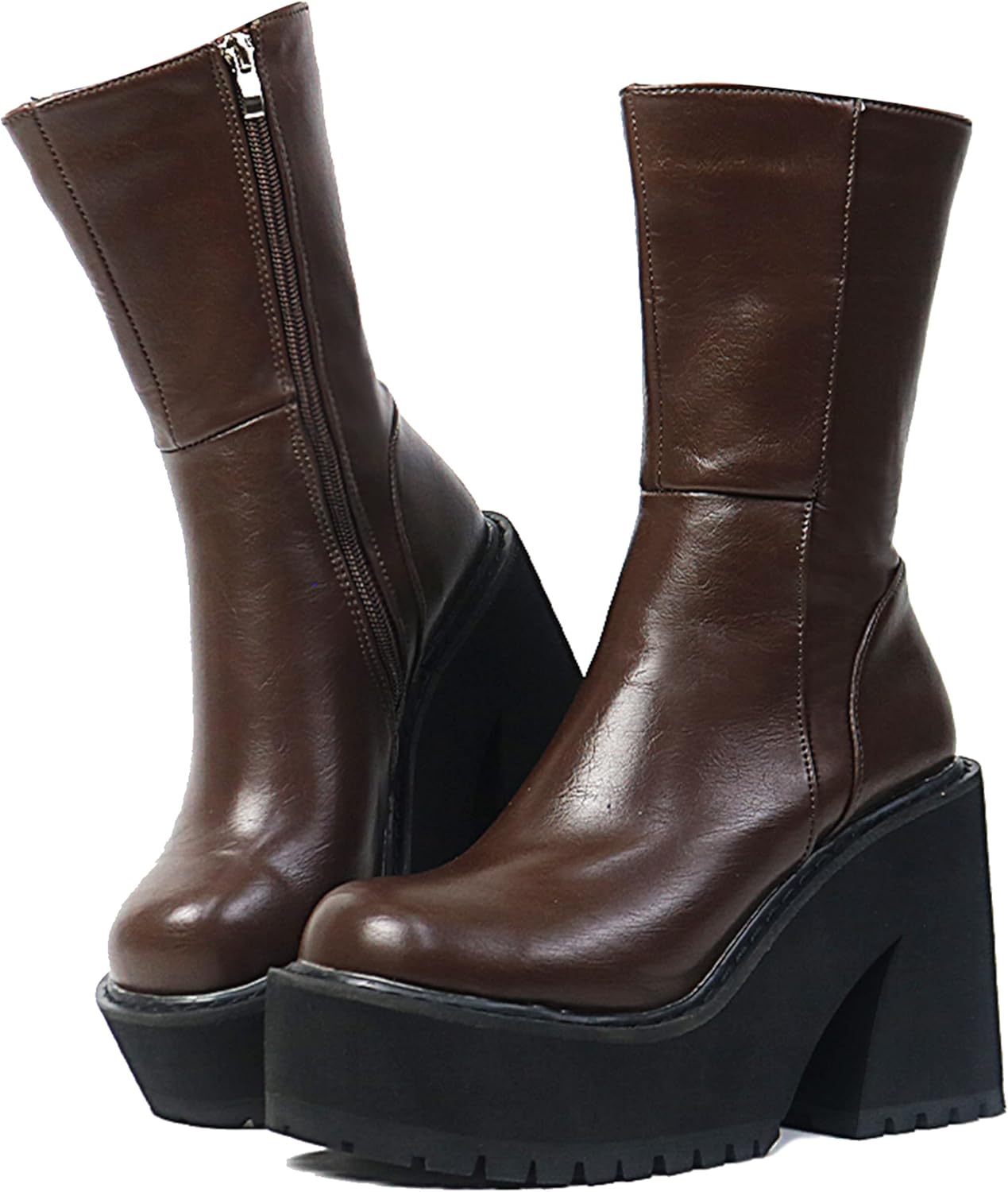 Ankle Boots for Women Chunky Heel Platform Boots Fashion Work Combat Booties Round Toe Punk Boot Party Rave Booties for Women 9.5 A-brown