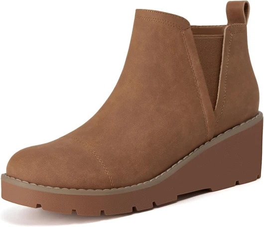Women's Wedge Chelsea Boots Platform Lug Sole Elastic Short Ankle Booties with Side Zipper 6.5 Brown