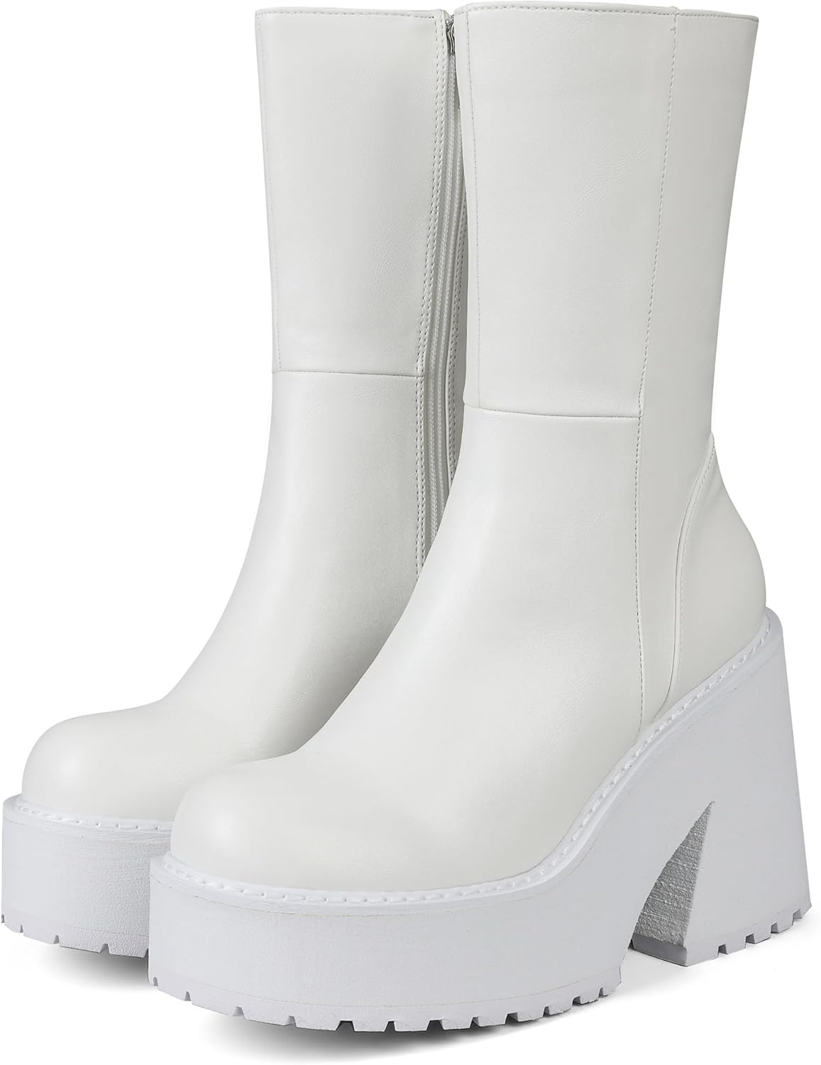 Womens Wedge Heel Ankle Boots Platform Zipper Punk Motorcycle Booties Chunky Block High Heel Round Toe Fashion Work Combat Boots Mid Calf For Women 7.5 A-white