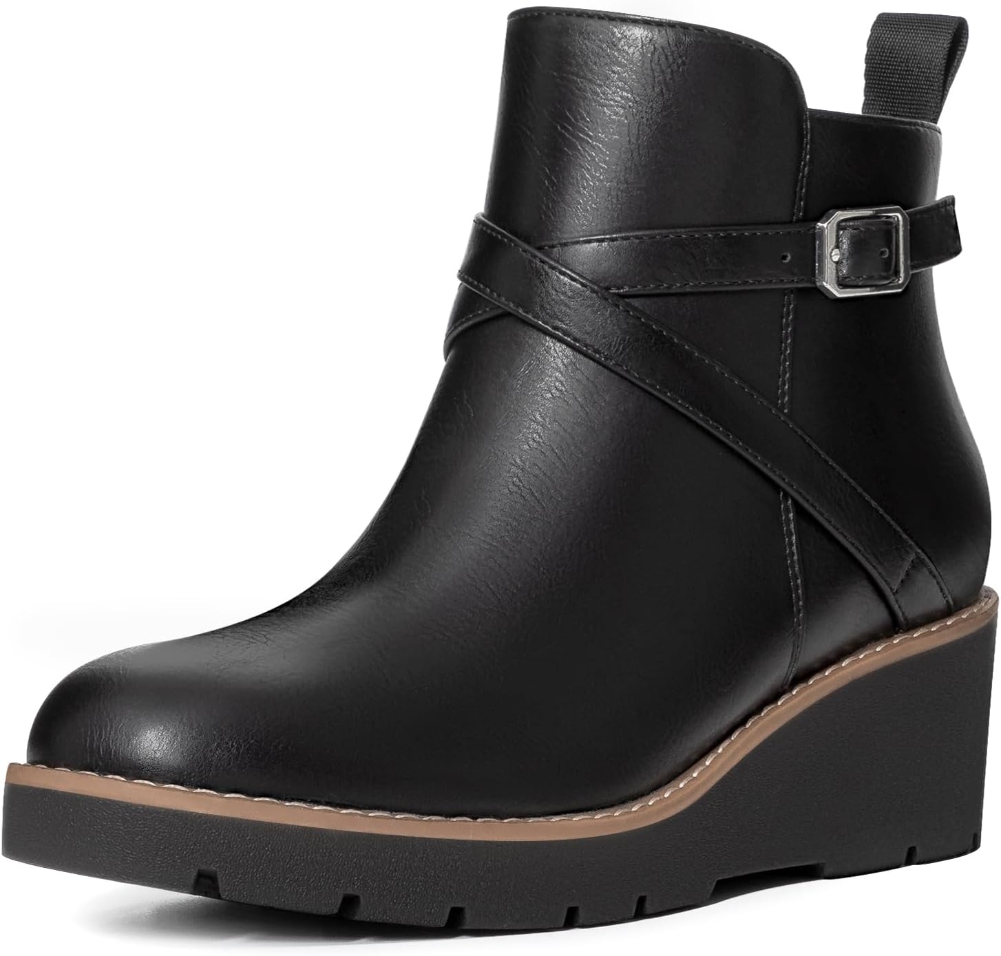 Women's Wedge Ankle Boots Fashion Platform Lug Sole Buckle Short Booties with Side Zipper Black 7.5