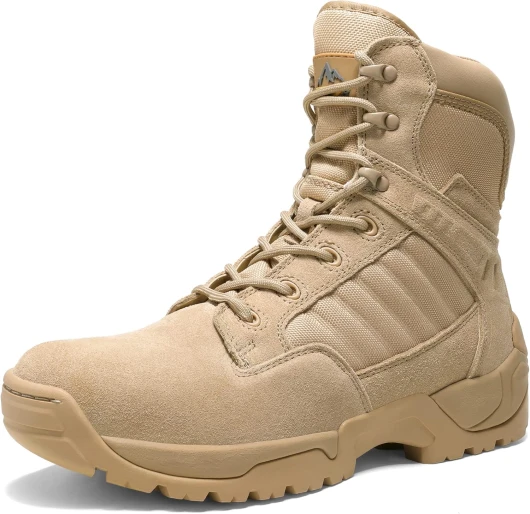 Men's Military Tactical Work Boots Side Zipper Leather Motorcycle Combat Boots Trooper(6-8 Inches) 10 Sand-6 Inches