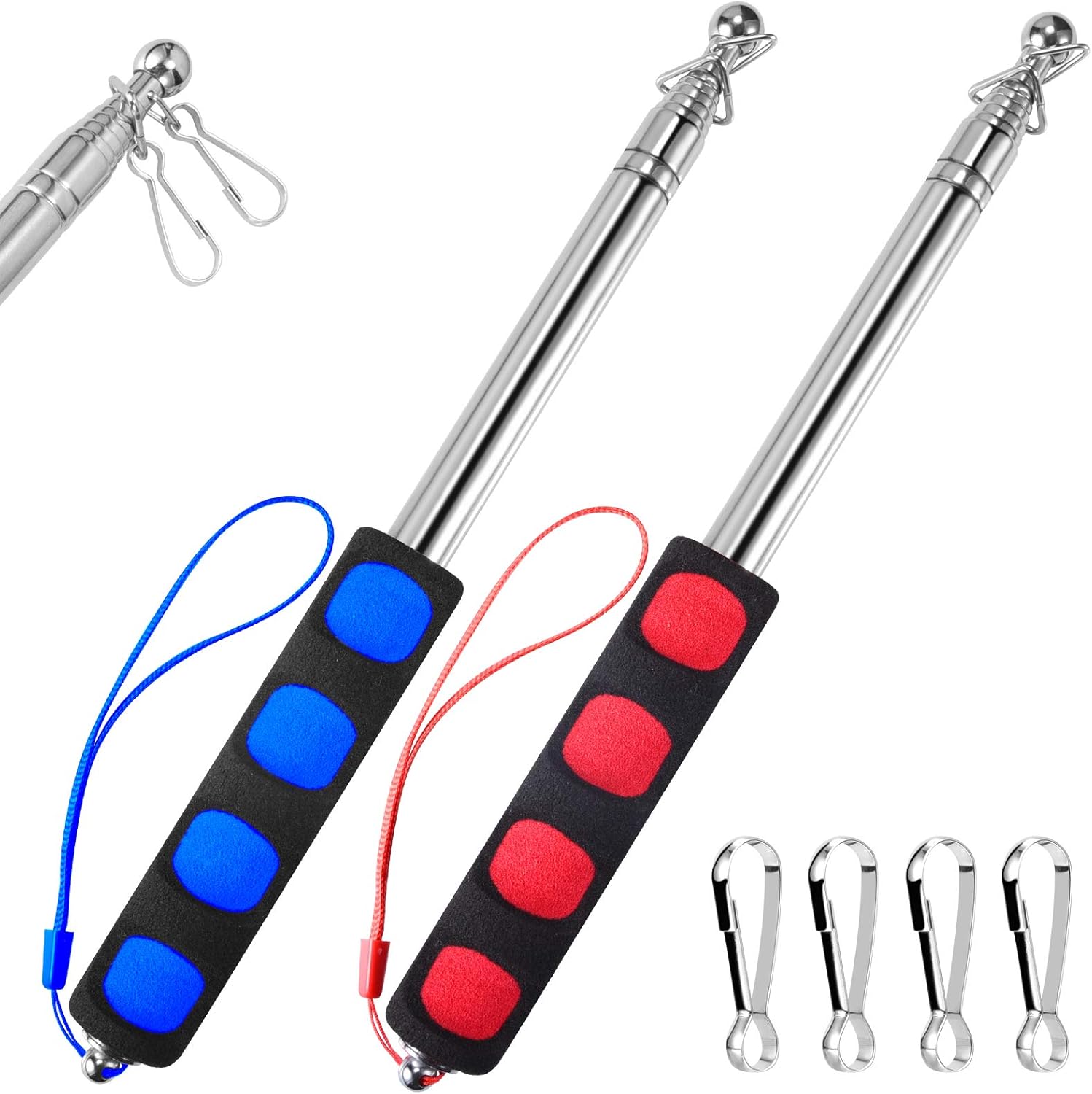 1.6M Telescopic Handheld Flagpoles with Clips, 5 Feet Thick Portable Stainless Steel Telescopic Banner Flag Pole - Tour Guide Flag Pole - Teaching Pointer Stick - 2 Pack (5 Ft, Red+Blue) 5 Ft, Red + Blue,2 Pack