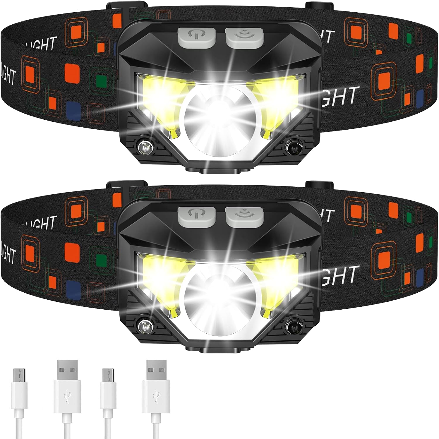 Headlamp Flashlight, Lumen Ultra-Light Bright LED Rechargeable Headlight with White Red Light, 2-Pack Waterproof Motion Sensor Head Lamp,8 Modes for Outdoor Camping Running Hiking Fishing Black 2 Packs