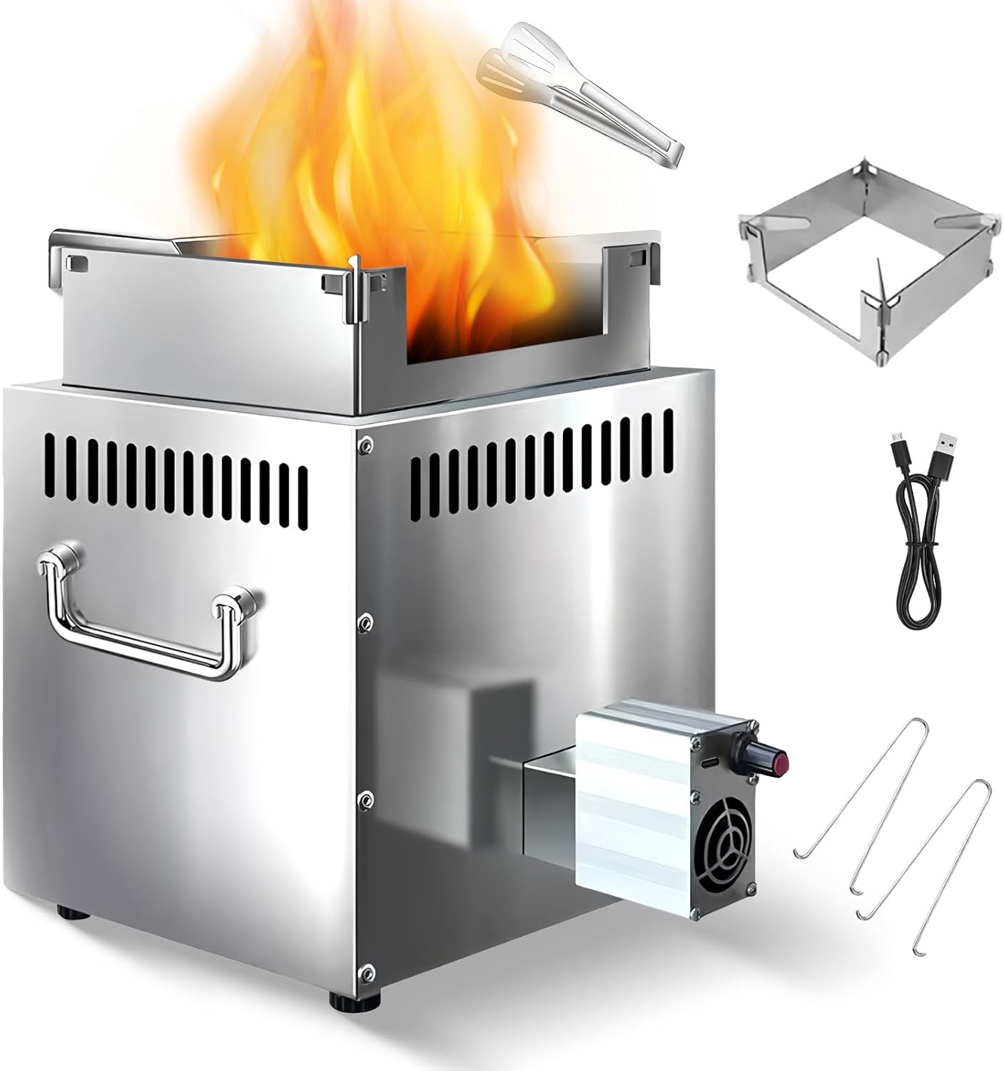 Portable Wood Camping Stove with Turbo Fan – 20-Second Quick Ignition, Adjustable Flame for Outdoor Cooking & BBQ, Burns Wood, Nut Shells, Dry Grass, Leaves & Biomass