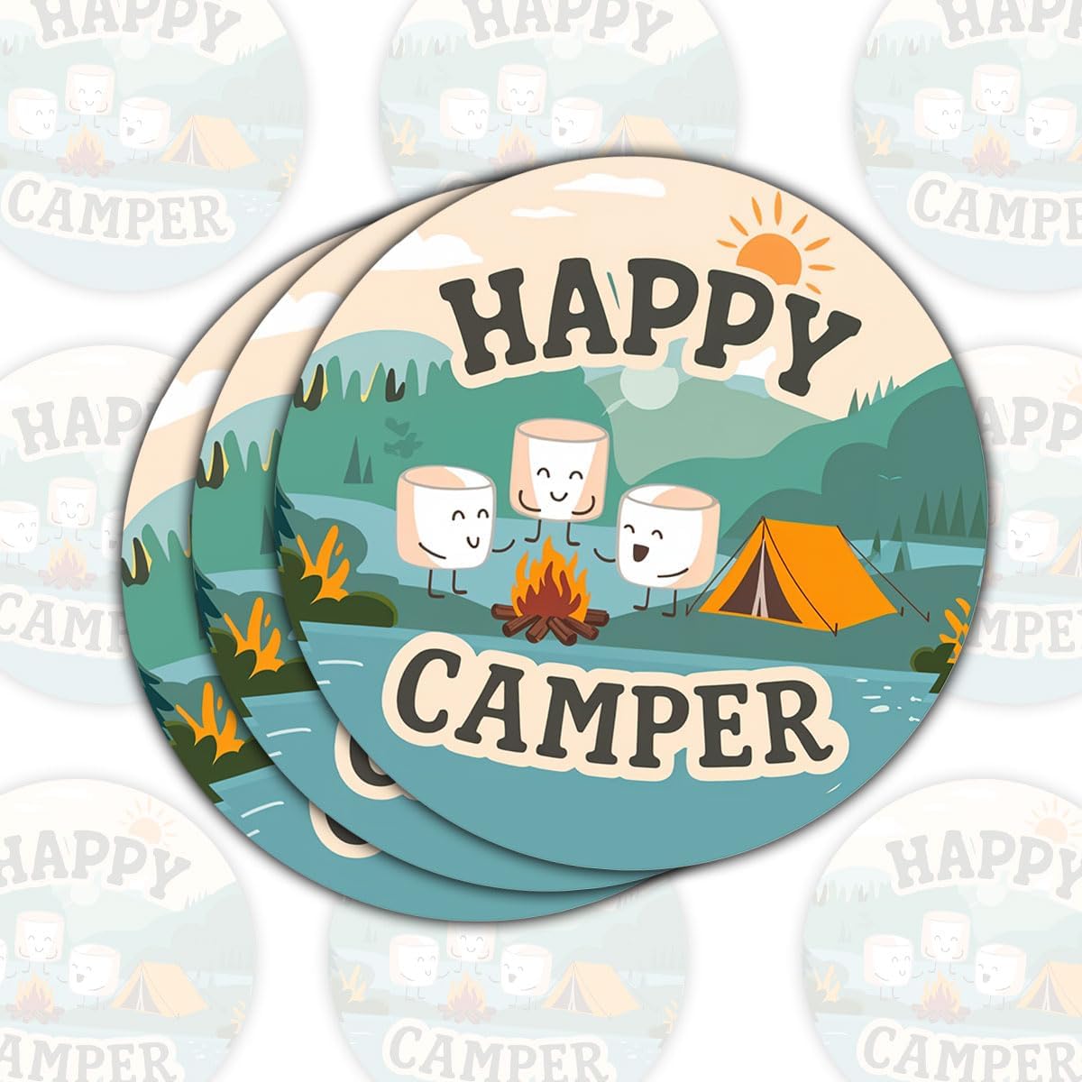 (3 Pcs) Happy Camper Marshmallows Sticker, Camping Stickers, Camp Stickers, Camping Decals for Laptop, Water Bottle, Tumbler, Phone Case, Hard Hat, Helmet, Gifts 3"x3" Multi Color