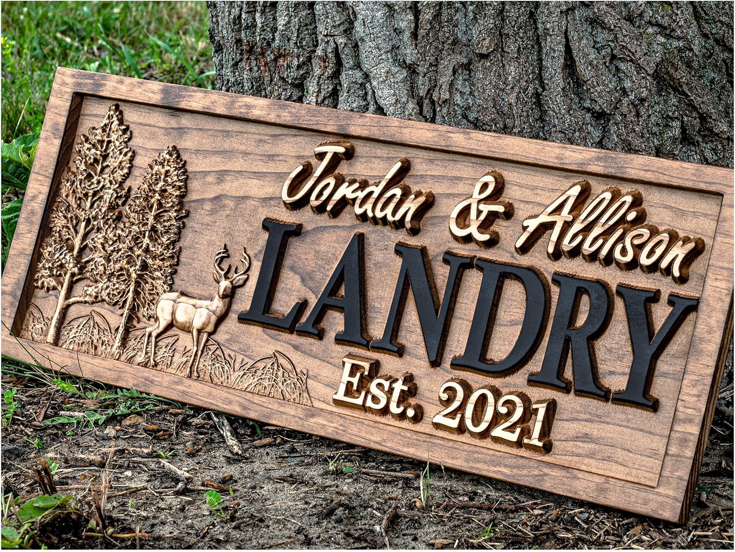 Outdoor Decor - Custom Wood Sign - Deer Hunting Gifts - Cabin Decor - Tree Wood 3D Family Name Sign - Last Name - Camper Decor - Camping Sign - Nature Sign - Outdoor Hunting