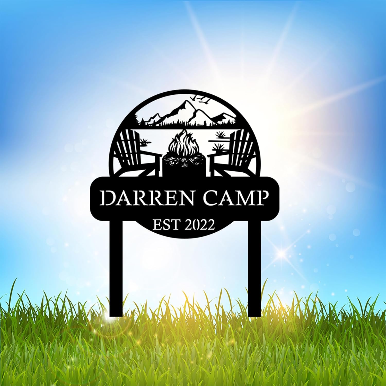 Custom Metal Campfire Sign with Stakes, Personalized Cabin Sign, Camp Decor, Outdoor Life Lovers Gift, Camp Name Sign, Farmhouse Decor, Name Est Plate Sign, Camper Gift Stake, Custom Porch Sign
