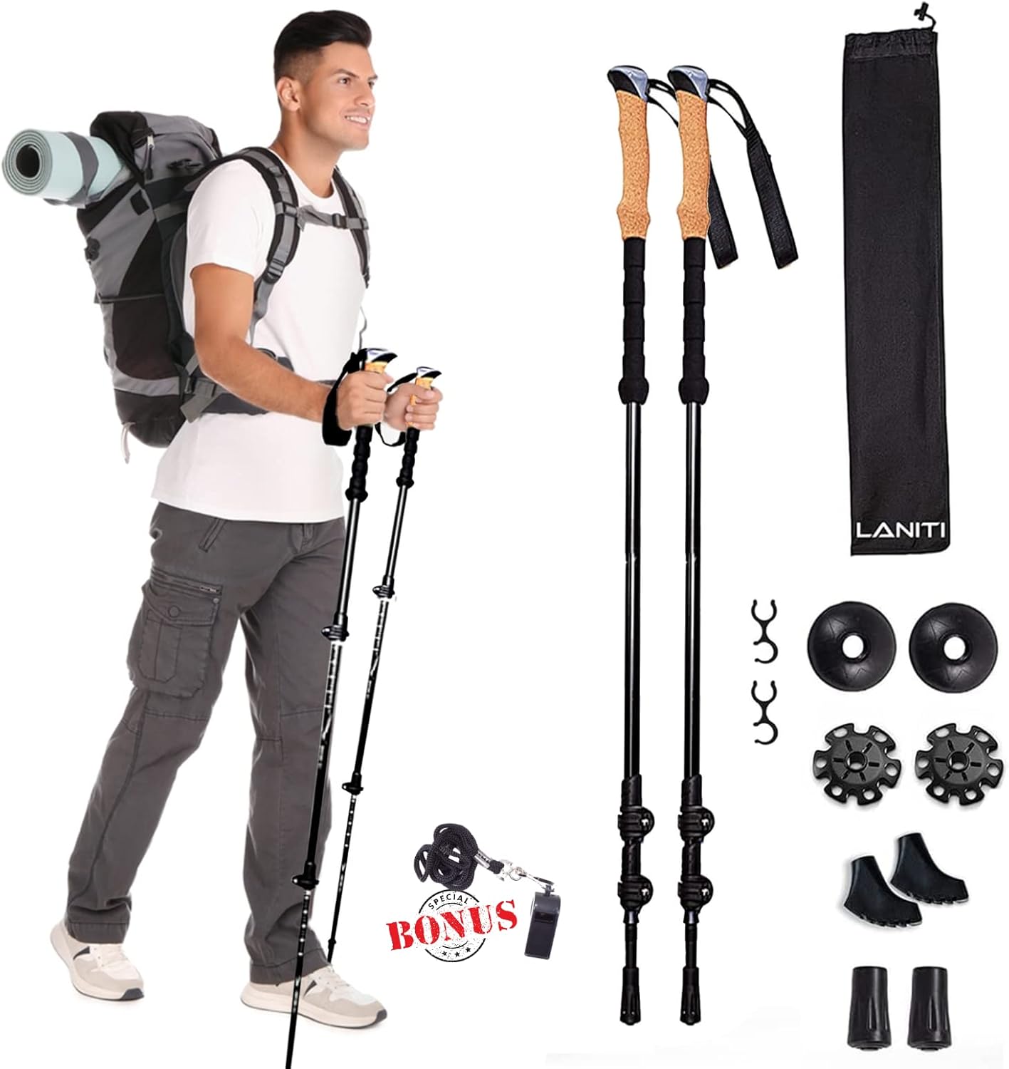 Nordic Walking Sticks – Adjustable Hiking Poles Expandable to 54" – Lightweight Trekking Poles with 10 Tips – Shock-Absorbing Carbon Fiber & Aluminum – for Men, Women