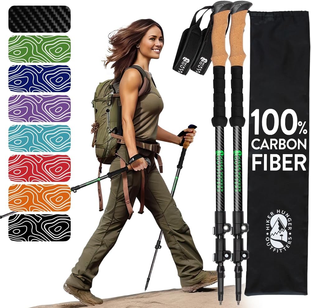 100% Carbon Fiber Trekking Poles by USA Brand - Ultra Strong Lightweight Collapsible Hiking Poles with Cork and EVA Foam Grips & Quick Adjustable Flip Locks Cork - 3K Black