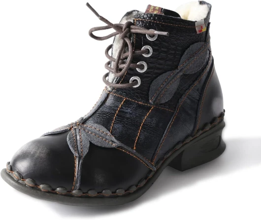 Textured Leather Patchwork Washed Leather Lace-Up Women's Ankle boots 6.5 Black
