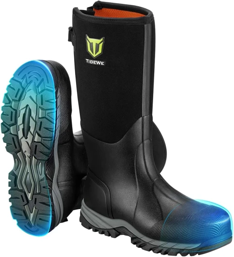 Work Boots Puncture-Proof with Steel Toe & Shank, Waterproof Anti Slip Rubber Boots for men, 6mm Neoprene Outdoor Boots, Durable Hunting Boots for Manufacturing, Construction, Farming(Black,Size 7-13)