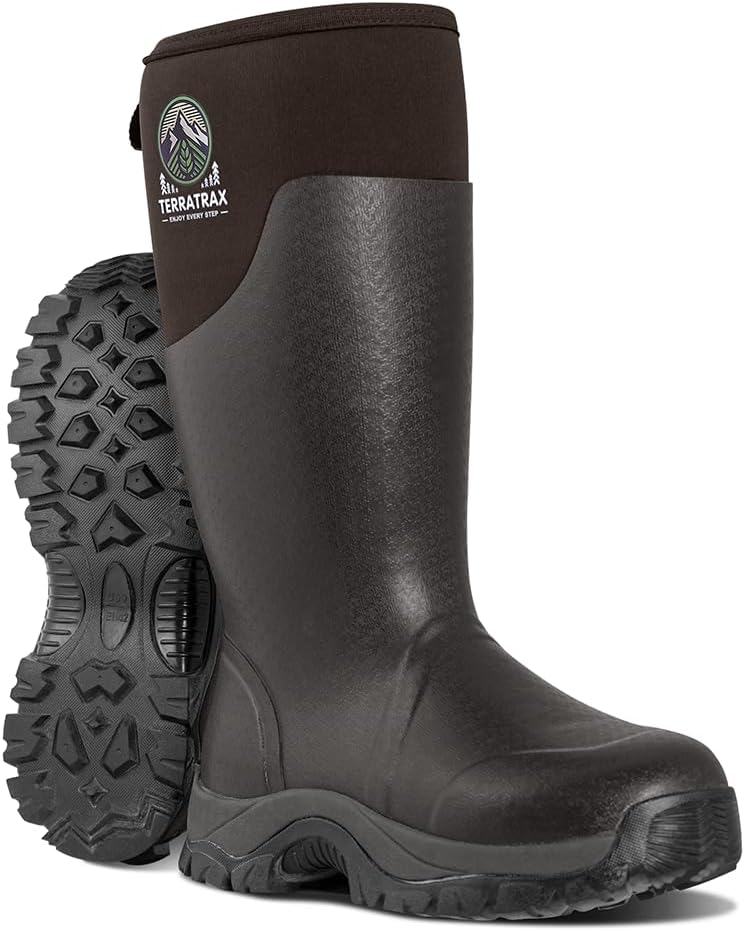 Men's Waterproof Insulated Rubber Hunting Boots – 6mm Neoprene Rain Boots for Outdoor Work, Fishing, Farming & Gardening 10 Brown