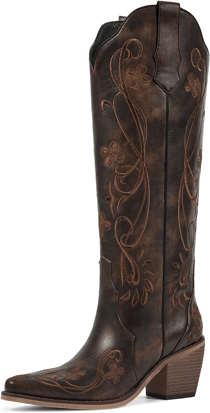 Cowboy Boots for Women Knee High Cowgirl Boots, Western Boots with Floral Embroidered Pointed Toe Chunky Heel Pull On Retro Vintage Classic Tall Boots for Ladies