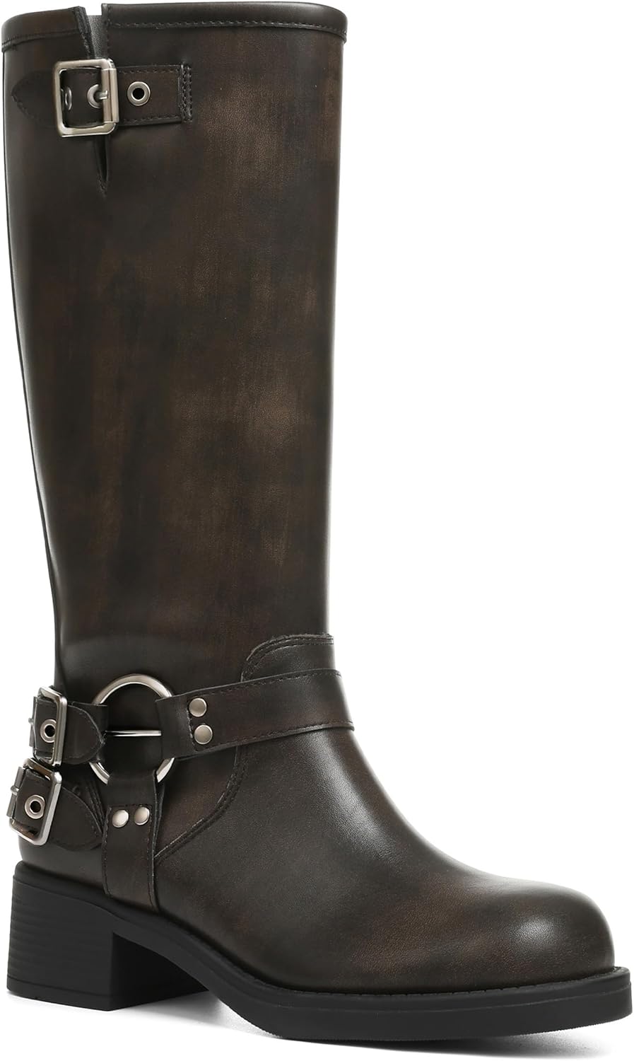 Knee High Boots Women Square Toe Pull On Wide Calf Riding Fashion Buckles Chunky Metallic Casual Vintage Buckle Rivet 8.5 A-darkbrown