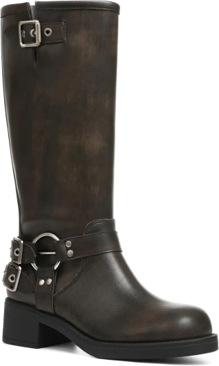 Knee High Boots Women Square Toe Pull On Wide Calf Riding Fashion Buckles Chunky Metallic Casual Vintage Buckle Rivet 8.5 A-darkbrown