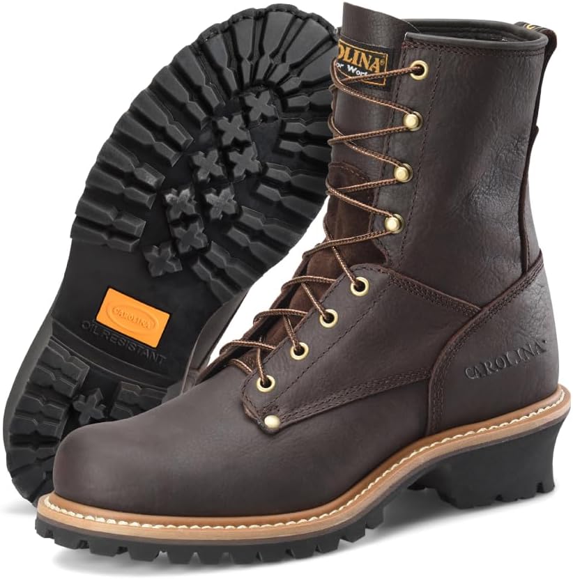 Elm 8” Unlined Logger Boots for Men - Unlined Leather Upper, Pillow Cushion Footbed, and Welted Oil- and Slip-Resistant Outsole, EH Rated 10.5 Wide Brown