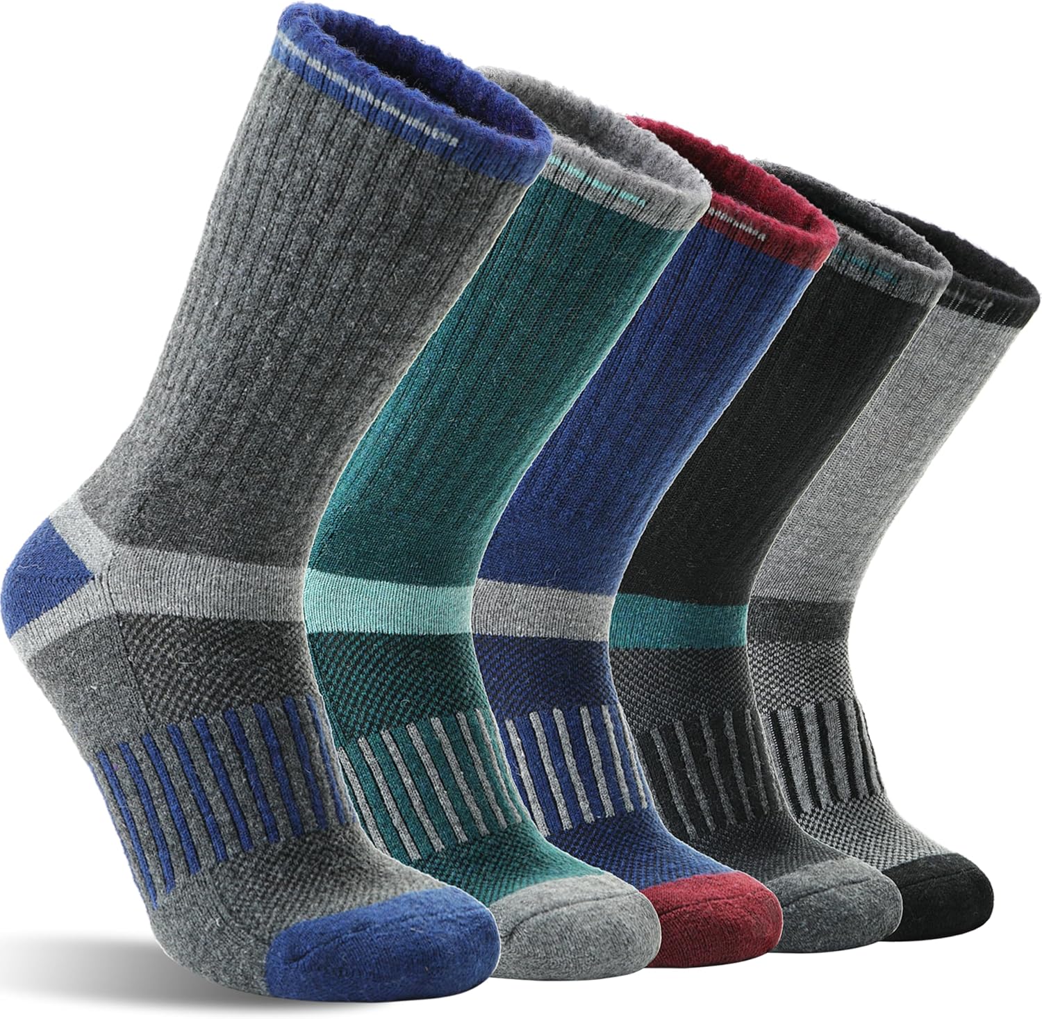 5 Pairs Merino Wool Hiking Socks Warm Thermal Winter Cozy Cushioned Moisture Wicking Socks for Women & Men Dark Pinstripes a Large