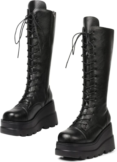 Womens High Platform Mid Calf Wedges Chunky High Heel Round-Toe Side Zip Punk Combat Boots For Women 7 F-2black