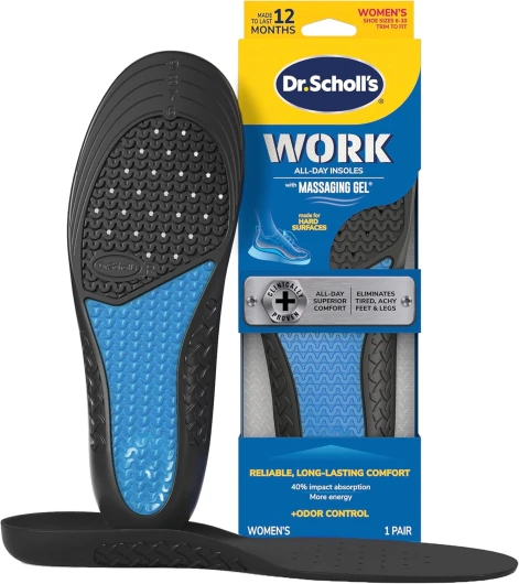 Dr - Scholl's Work All-Day Superior Comfort Insoles with Massaging Gel - Designed for Men & Women with Hard-Working Feet, Eliminates Sore Muscles and Tired Legs, Arch Support Inserts with Odor Control 2 Count (Pack of 1) Women's 6-10