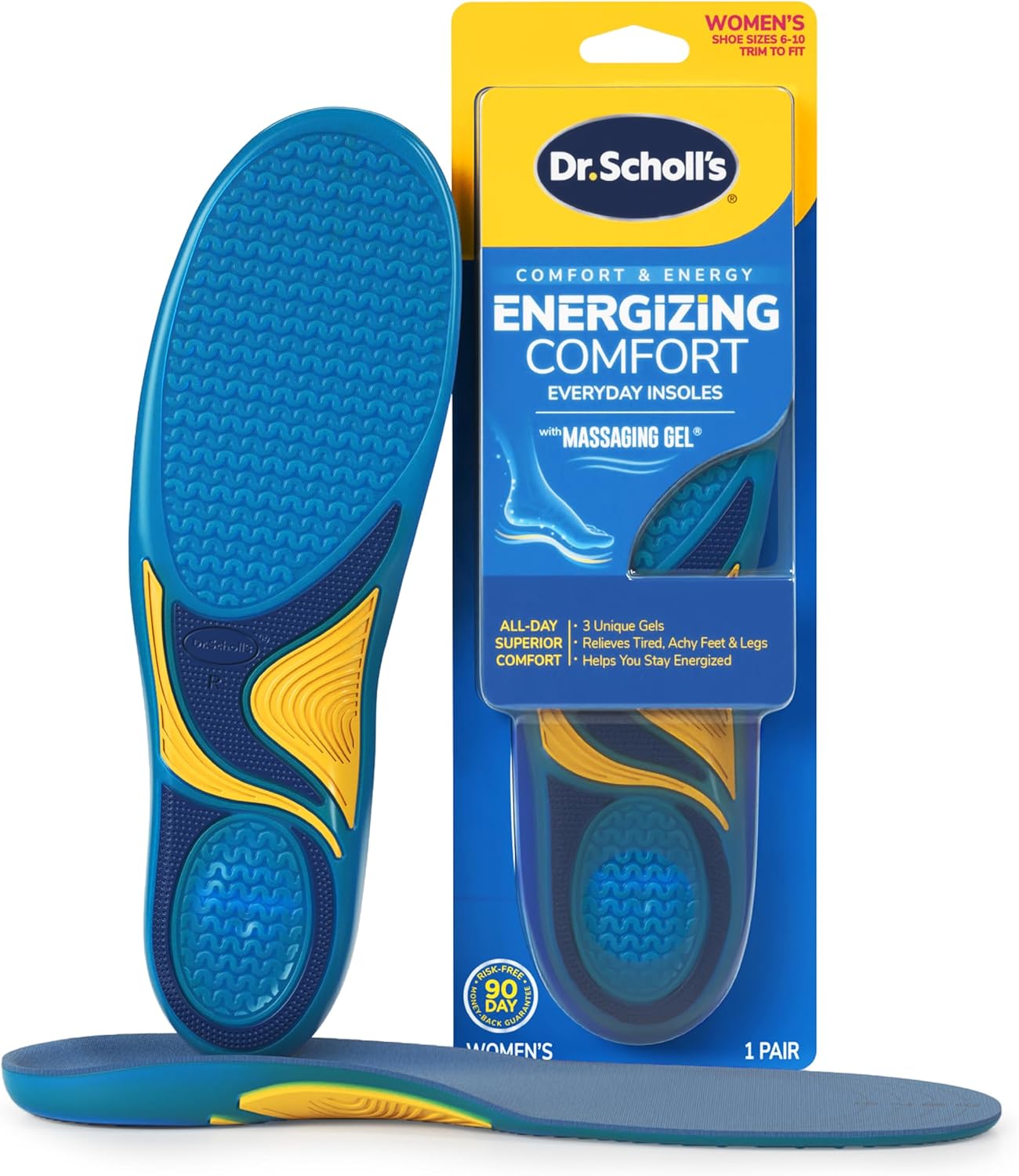 Dr - Scholl’s Energizing Comfort Women’s Everyday Insoles with Massaging Gel - Clinically Proven, All-Day Energy and Comfort Inserts with Patented Triple Gel Design - Shock Absorbing, Arch Support 1 Pair (Pack of 2) Women (Size 6-10)