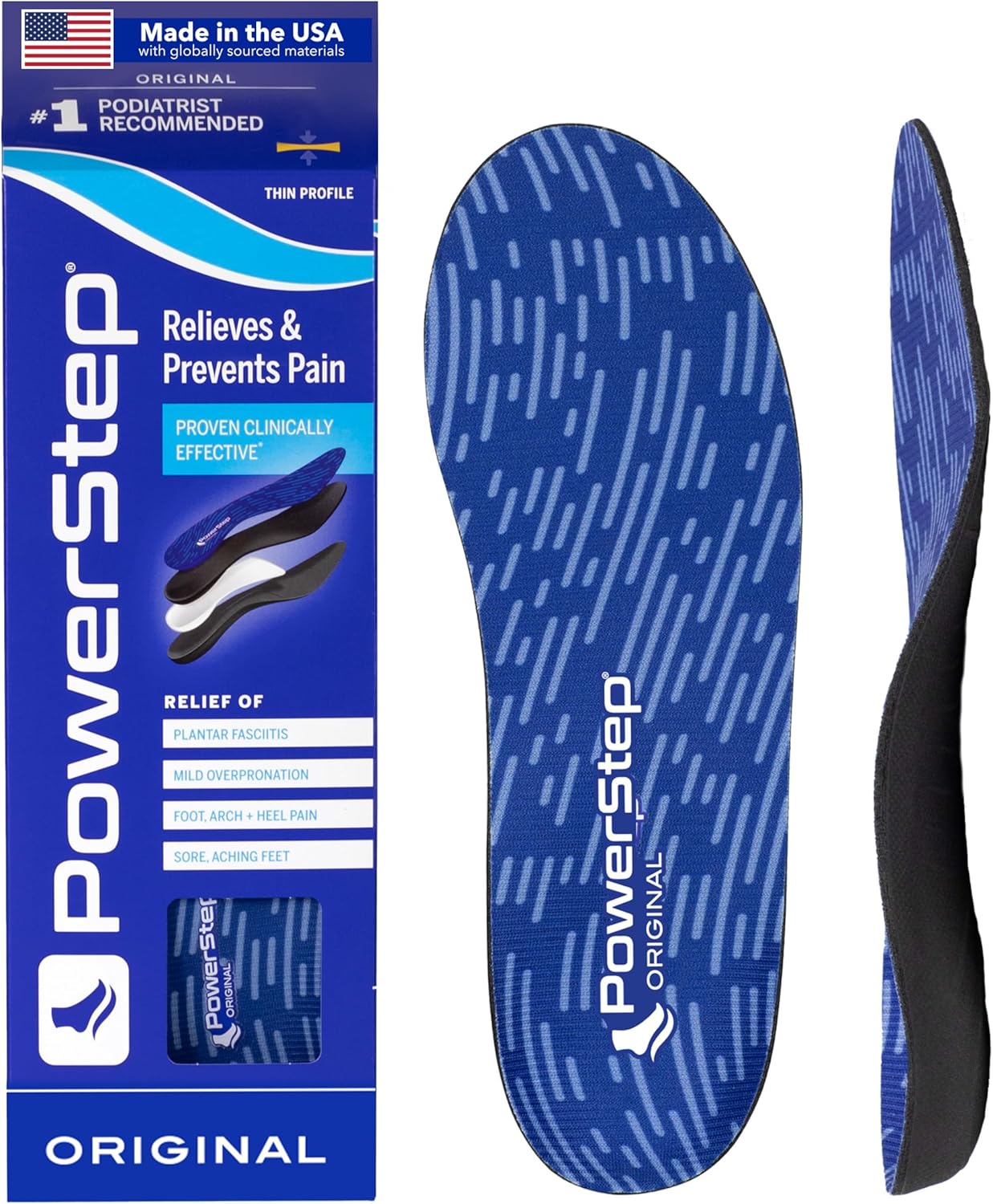 Original Insoles - Arch Pain Relief Orthotics for Tight Shoes - Foot Support for Plantar Fasciitis, Mild Pronation and Foot & Arch Pain - Shoe Inserts for All, Made in USA (M 7-7.5, F 9-9.5) Blue/Black Men's 7-7.5 / Women's 9-9.5