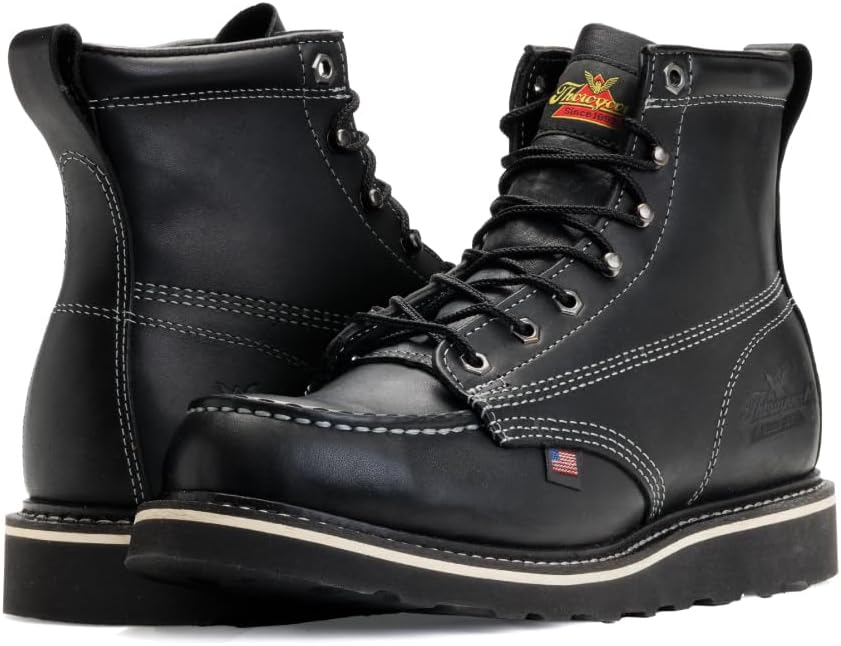 American Heritage 6” Moc Toe Work Boots for Men - Soft Toe, Premium Full-Grain Leather with Slip-Resistant Wedge Outsole and Comfort Insole; EH Rated 8 Wide Black (Midnight Series)
