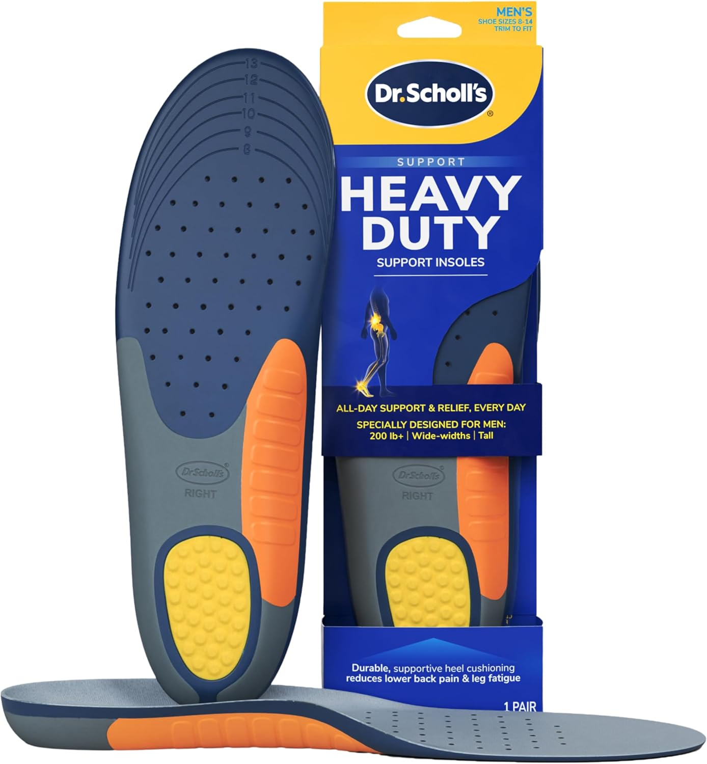 Dr - Scholl's Heavy Duty Support Insole Orthotics, Big & Tall, 200lbs+, Wide Feet, Shock Absorbing, Arch Support, Distributes Pressure, Trim to Fit Inserts, Work Boots & Shoes, Men Size 8-14, 1 Pair 1 Count (Pack of 1)