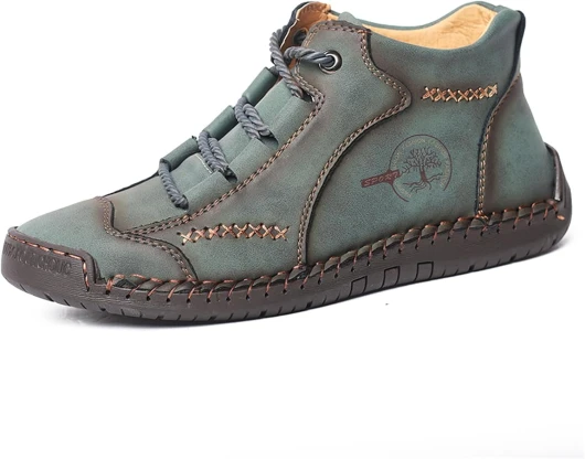 Mens Hand Stitching Leather Lace Up Ankle Boots Casual Vintage Non Slip Flats Arch Support Loafers for Hiking Walking Driving Chukka Boots Green 9.5
