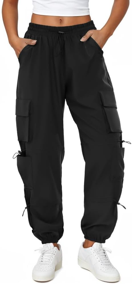 Womens Parachute Cargo Pants with Pockets Quick Dry Hiking Pants Lightweight Water-Resistant Baggy Joggers Medium Black
