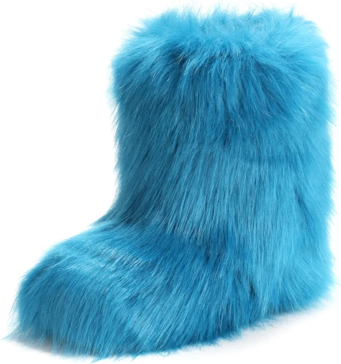 Women's Faux Fur Boot Furry Fluffy Round Toe Suede Snow Winter Women Boots Comfy Plush Warm Short Outdoor Indoor Flat Shoes Mid-Calf Boots 6 Light Blue