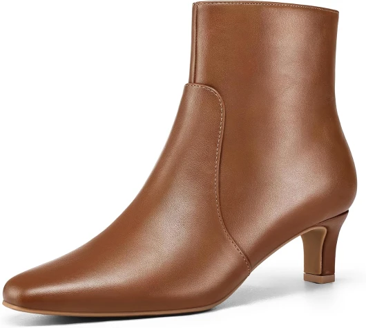 Women's Kitten Heel Ankle Boots Square Toe Booties Comfortable Dress Shoes with Side Zipper 9 Caramel Brown