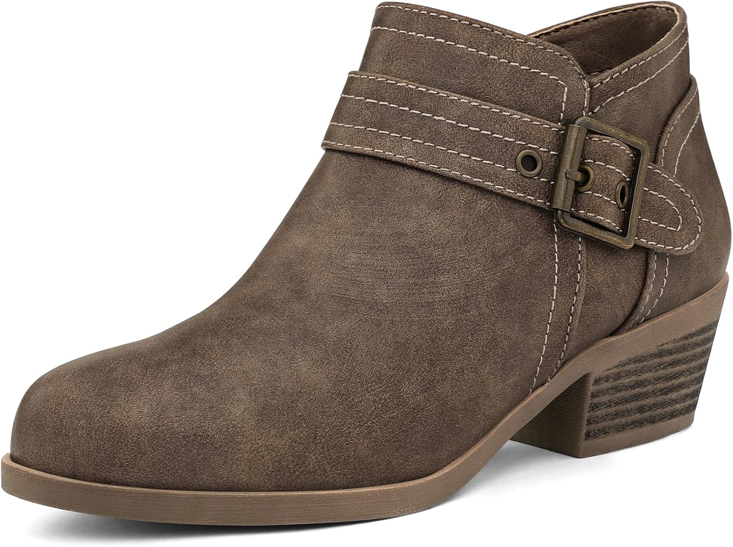 Women's Ankle Boots Low Chunky Stacked Heel Comfortable Round Toe booties with Side Zipper Shoes 8.5 Taupe Pu