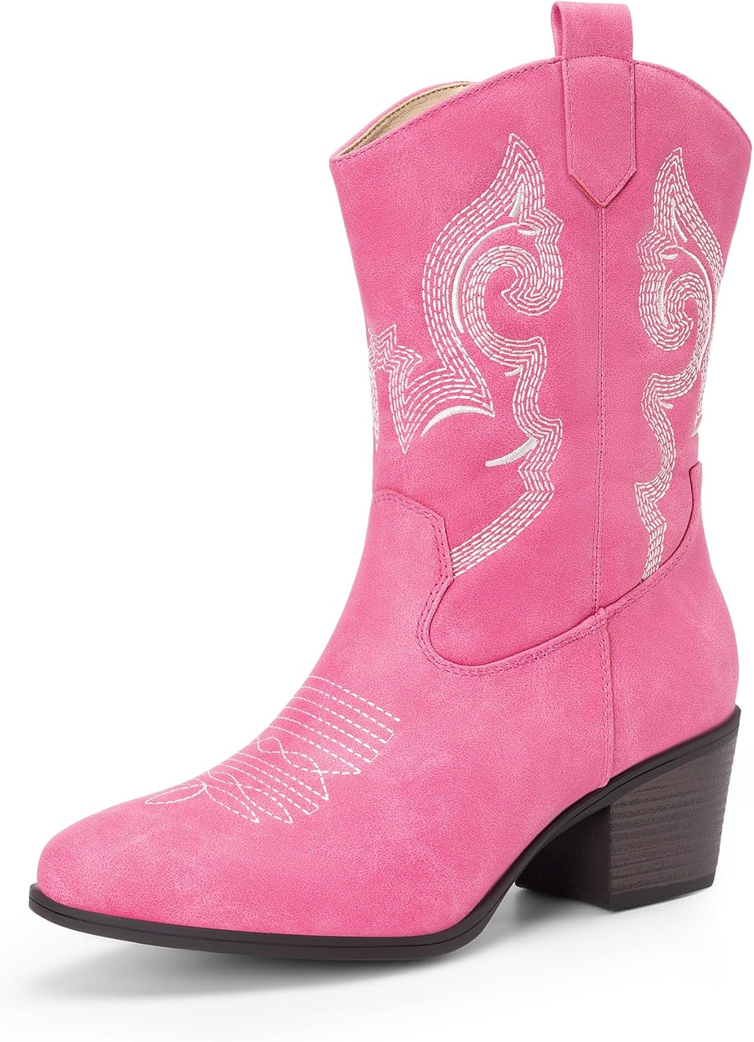Cowboy Boots for Women, Mid Calf Cowgirl Boots with Embroidery Round Toe Western Chunky Low Heel Shoes 7 Pink
