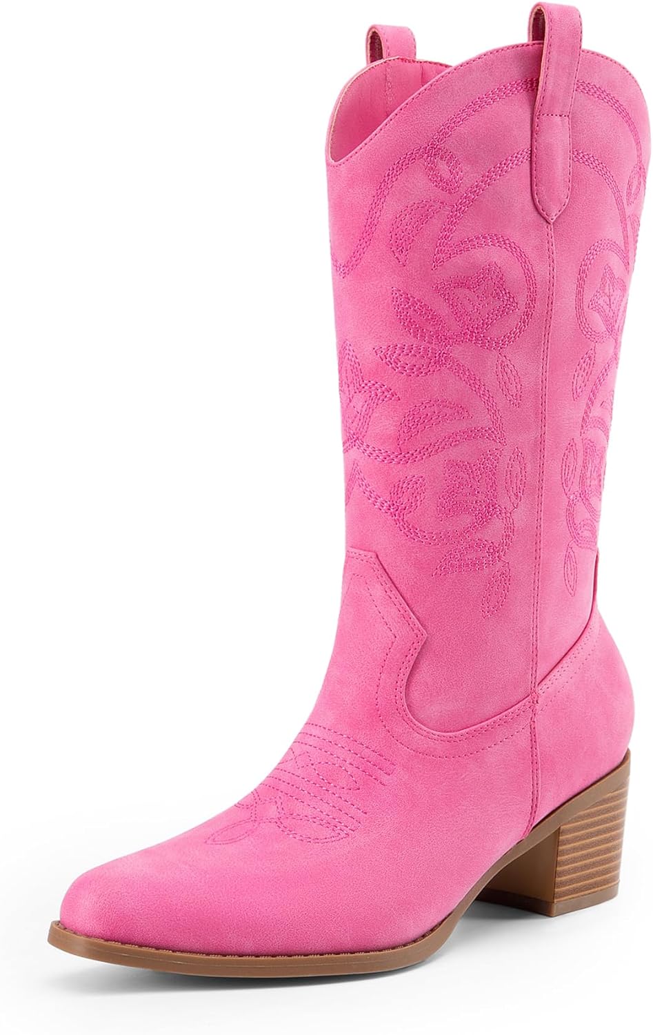 Cowboy Boots for Women Cowgirl Western Boots Fashion Embroidery Stitched Chunky Heel Mid Calf Boots 8 Pink-nubuck