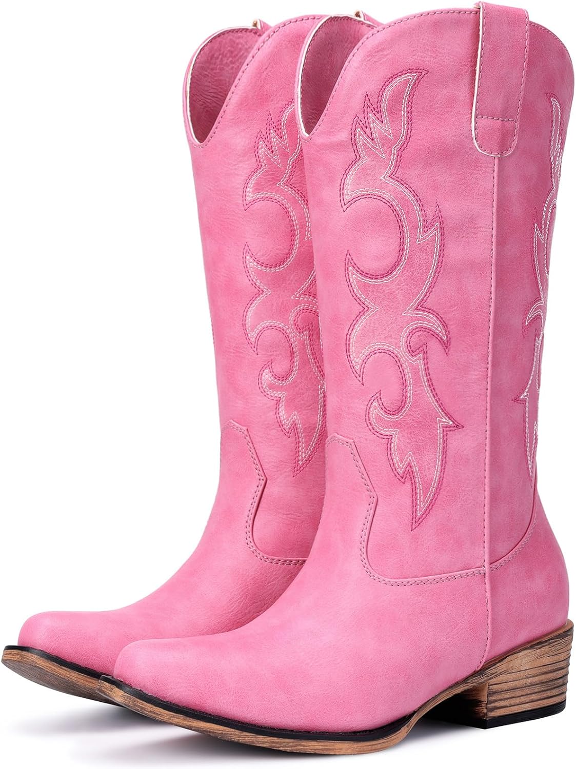 Cowboy Boots for Women - Embroidered Cowgirl Boots Western Mid Calf Fashion Chunky Heel Pointed Toe Country Boot 8 Pink