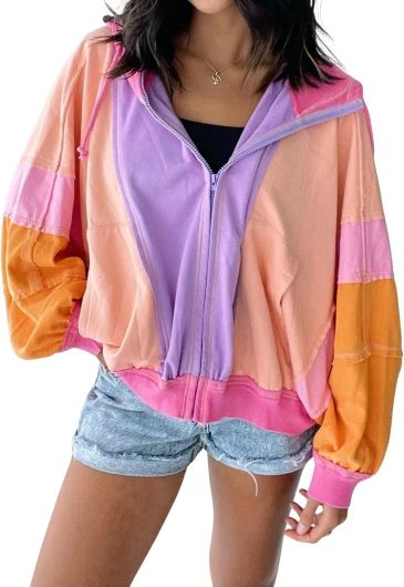 Women's 2025 Fall Zip Up Color Block Lightweight Jacket Casual Patchwork Oversized Hoodies Jackets Outwear Medium Orange