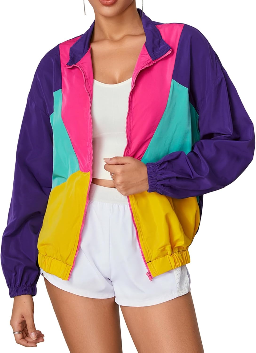 Women's Color Block Zip Up Lightweight Jacket Patchwork Sporty Windbreaker Jacket Large Multicolor