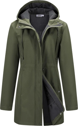 Women's Lightweight Waterproof Fleece Lined Hooded Softshell Rain Jacket, Warm Windbreaker Long Coat Large Olive Green