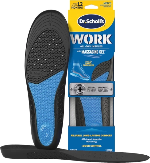 Dr - Scholl's Work All-Day Superior Comfort Insoles with Massaging Gel - Designed for Men & Women with Hard-Working Feet, Eliminates Sore Muscles and Tired Legs, Arch Support Inserts with Odor Control 1 Pair (Pack of 2) Men's 8-14