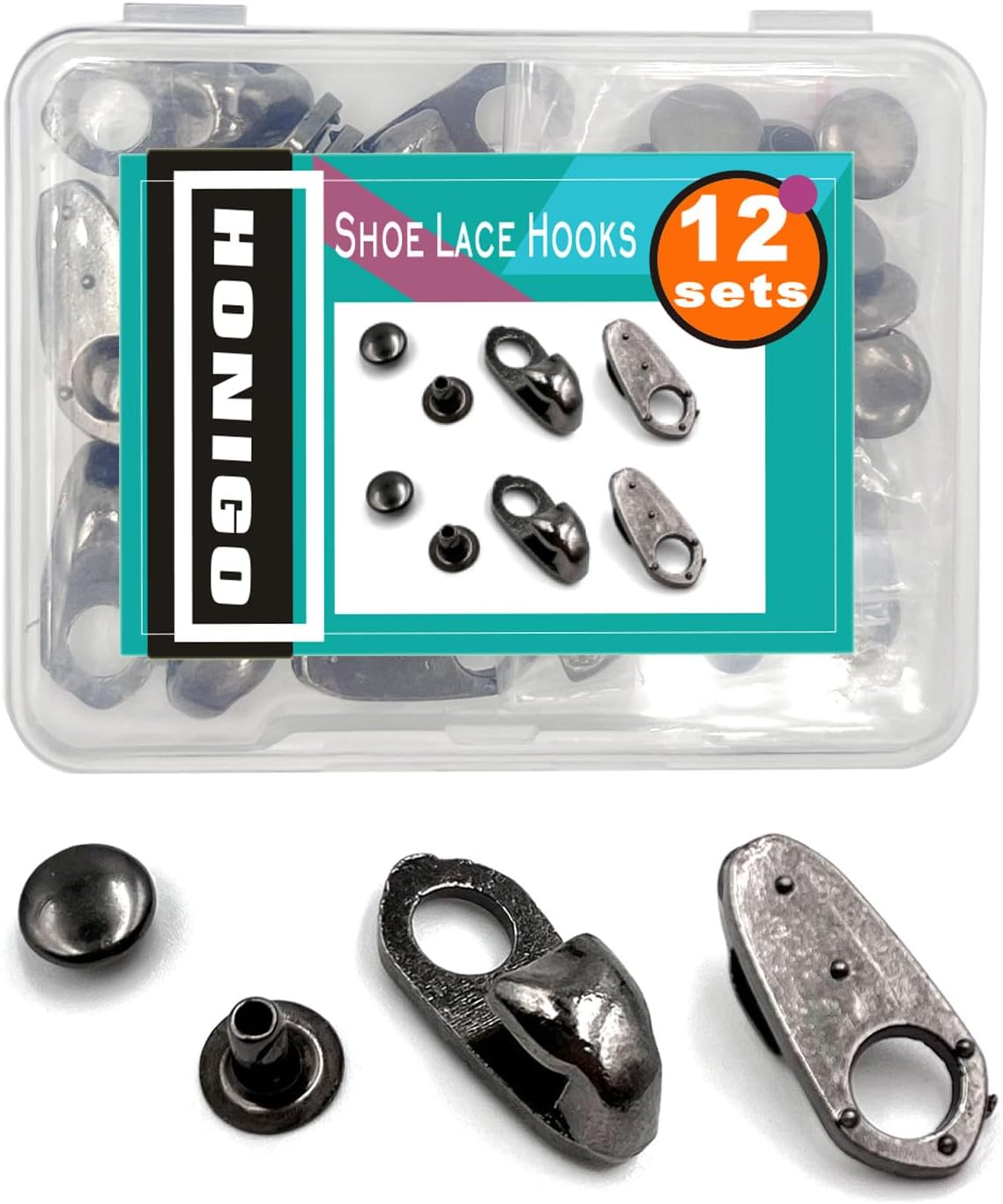 Honigo 12 Sets Shoe Lace Hooks Gun Alloy Shoelace Buckles Boot Hooks with Rivets for Repair/Camp/Hike/Climb Accessories Black Black 12 sets Black