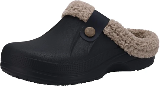 Classic Fur Lined Clogs Waterproof Winter Fuzzy Slippers for Women Men Indoor and Outdoor 8.5-9 Women/7-7.5 Men Black/Khaki