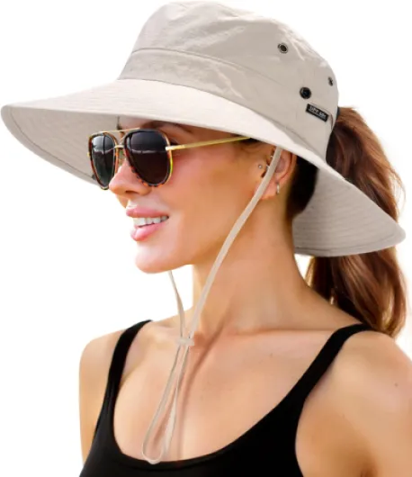 Sun Hats for Women with Ponytail Hole Wide Brim Beach Bucket Hat UPF 50+ Fishing Hiking Outdoor Hats Beige
