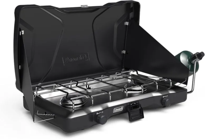 Triton 2-Burner Propane Stove, Portable Camping Cooktop with 2 Adjustable Burners & Wind Guards, 22,000 BTUs of Power for Camping, Tailgating, Grilling, BBQ, & More Matte Black