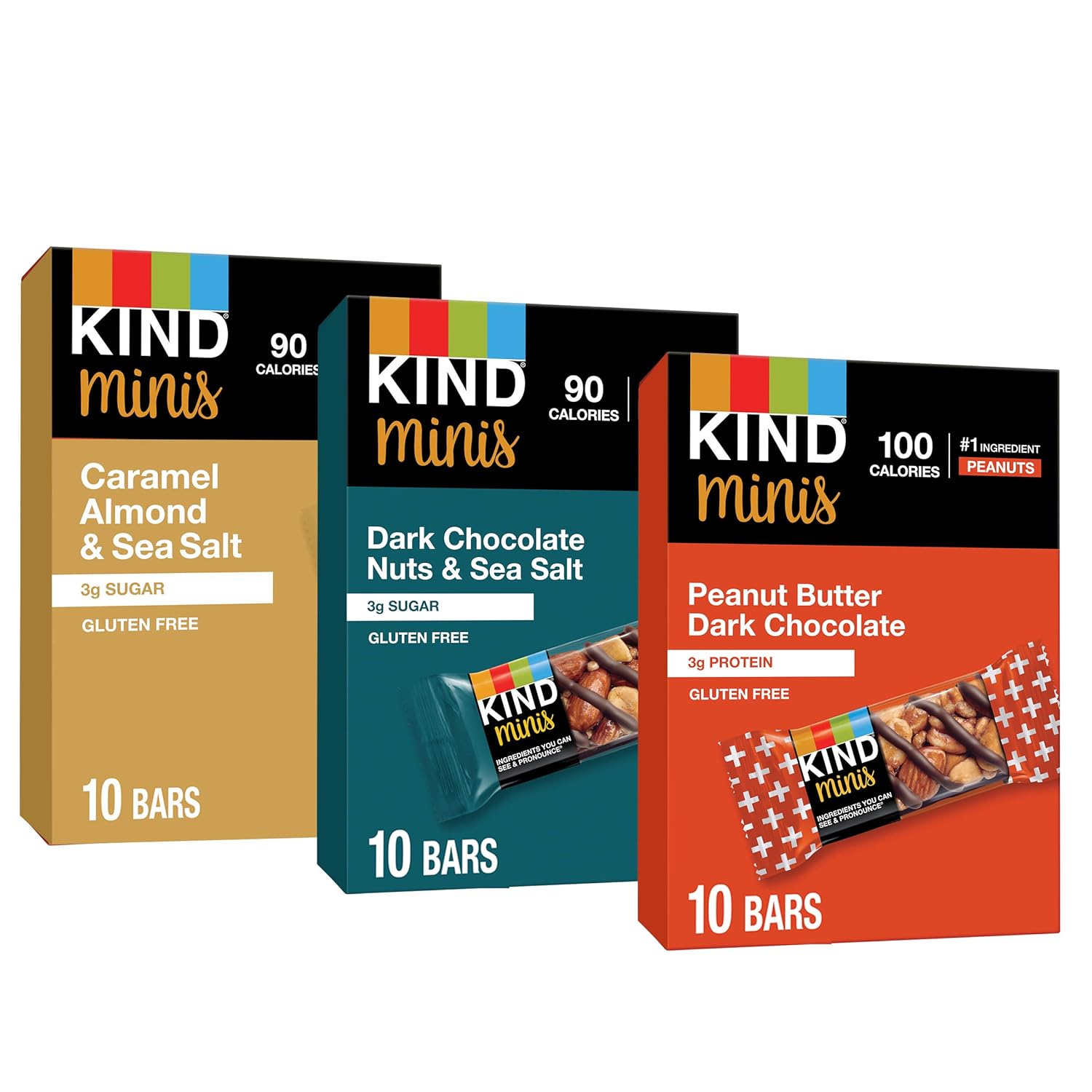 Bar Minis, Variety Pack, Dark Chocolate Nuts and Sea Salt, Peanut Butter, Caramel Almond, Healthy Snacks, 3g Protein, Gluten Free, Low Sugar/Calorie Snacks, 30 Count