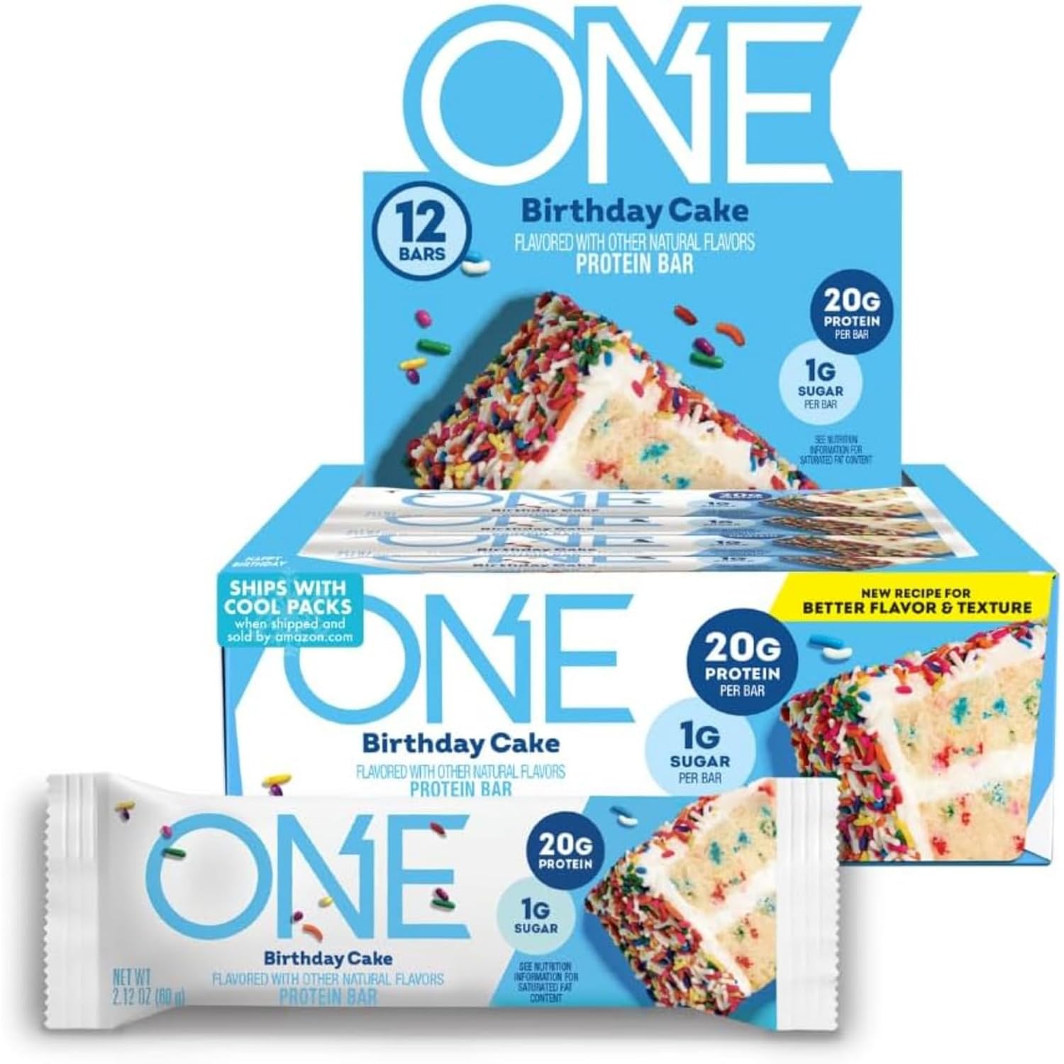Protein Bars, Birthday Cake, Gluten Free with 20g Protein and 1g Sugar, Pantry Staples, 2.12 oz (12 Count)