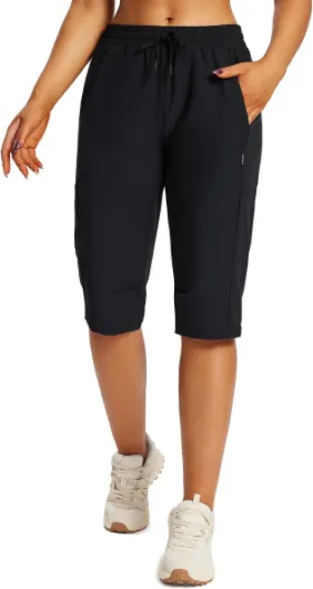 Women's 15" Hiking Shorts Long Bernuda Cargo Below The Knee Capris Lightweight Quick Dry Elastic Waist for Casual Large 15in-black