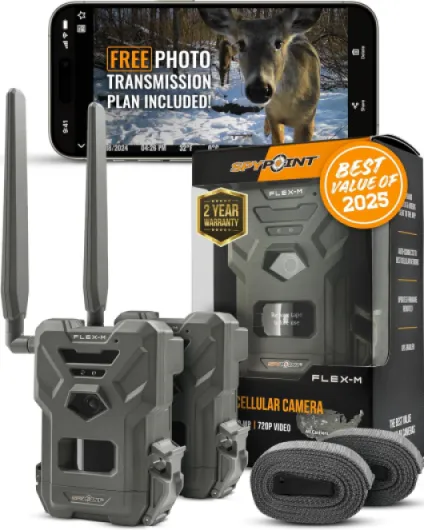 Flex-M Twin Pack Cellular Trail Cameras - Best Hunting Accessories, No WiFi Needed, GPS, Night Vision, Dual-Sim LTE, IP65 Water-Resistant Game Camera, 28MP Photos, 720p Videos + Sound (2) Pack of 2 Camera Only